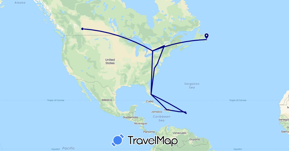 TravelMap itinerary: driving in Canada, Haiti, Saint Kitts and Nevis, Netherlands, United States (Europe, North America)